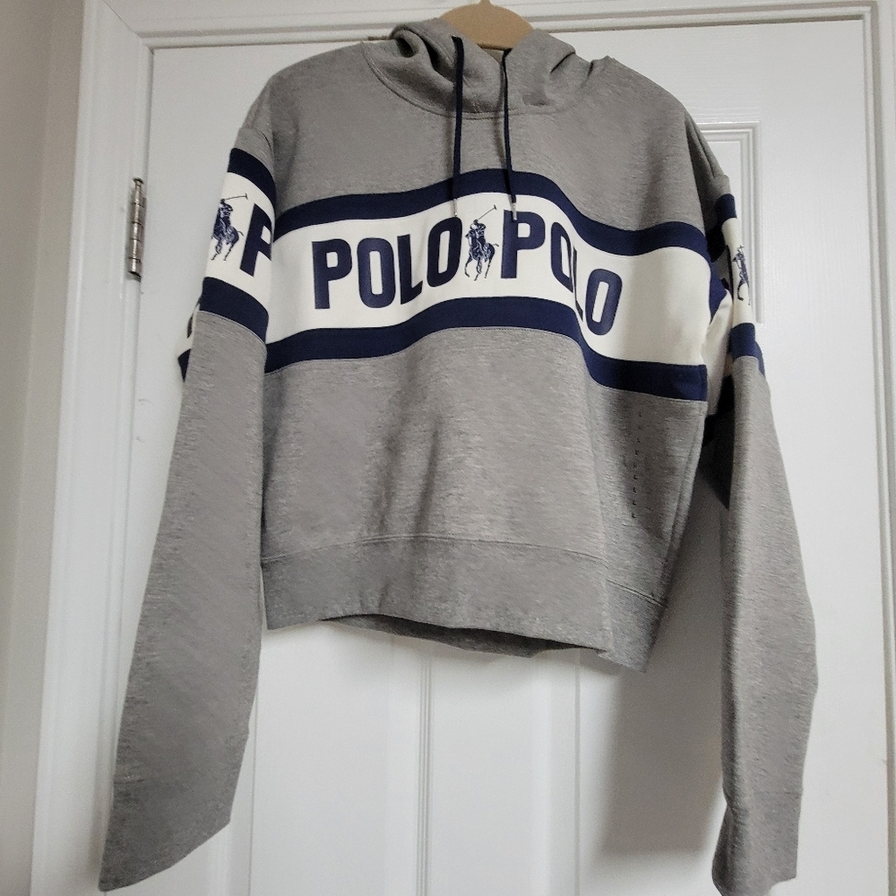 Polo Ralph Lauren NWT Gray Blue Tape Spellout Cropped Hoodie Size Large.